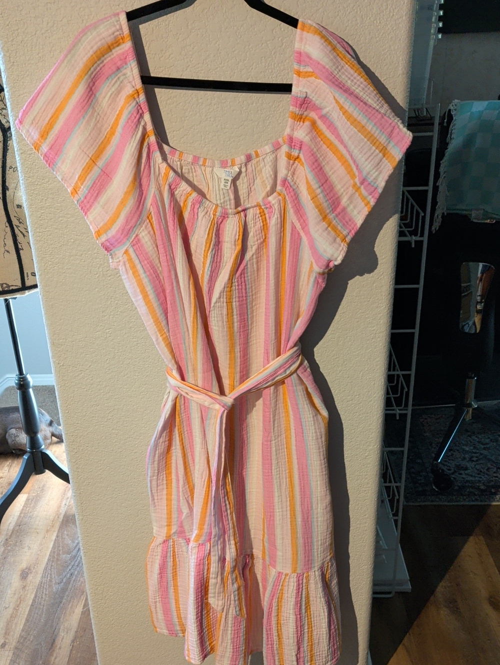 Time and Tru Pink, Yellow & Cream Striped Maxi Dress with Tie Waist 100 Cotton
